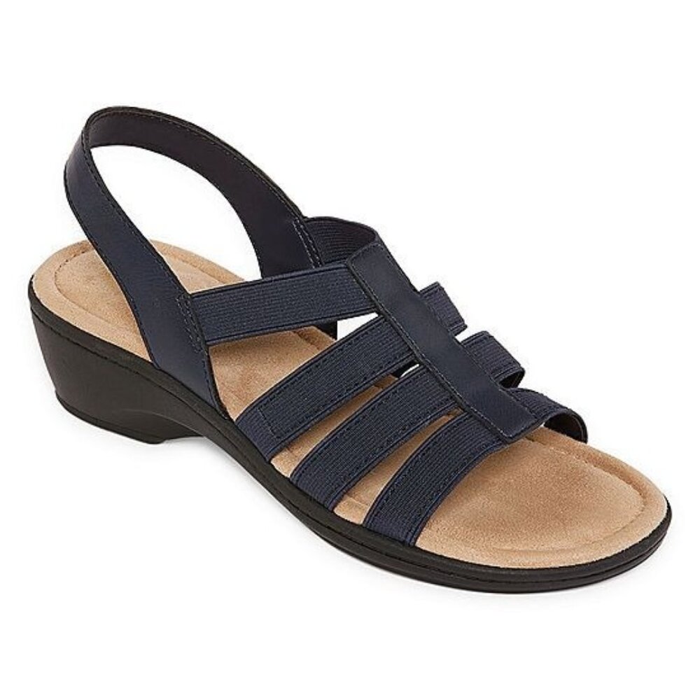 Womens Wedge Sandals 6 1/2 black stretch strap boho summer St. Johns Bay Innis - Picture 1 of 7